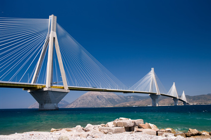 suspension bridge crossing Corinth Gulf strait, Greece. Is the world's second longest cable-stayed bridge;